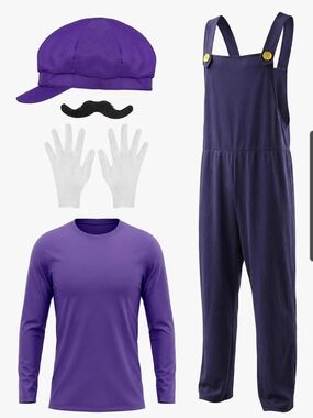 Purple Men's Waluigi Costume Overalls Set with Long Sleeve Shirt and Cap